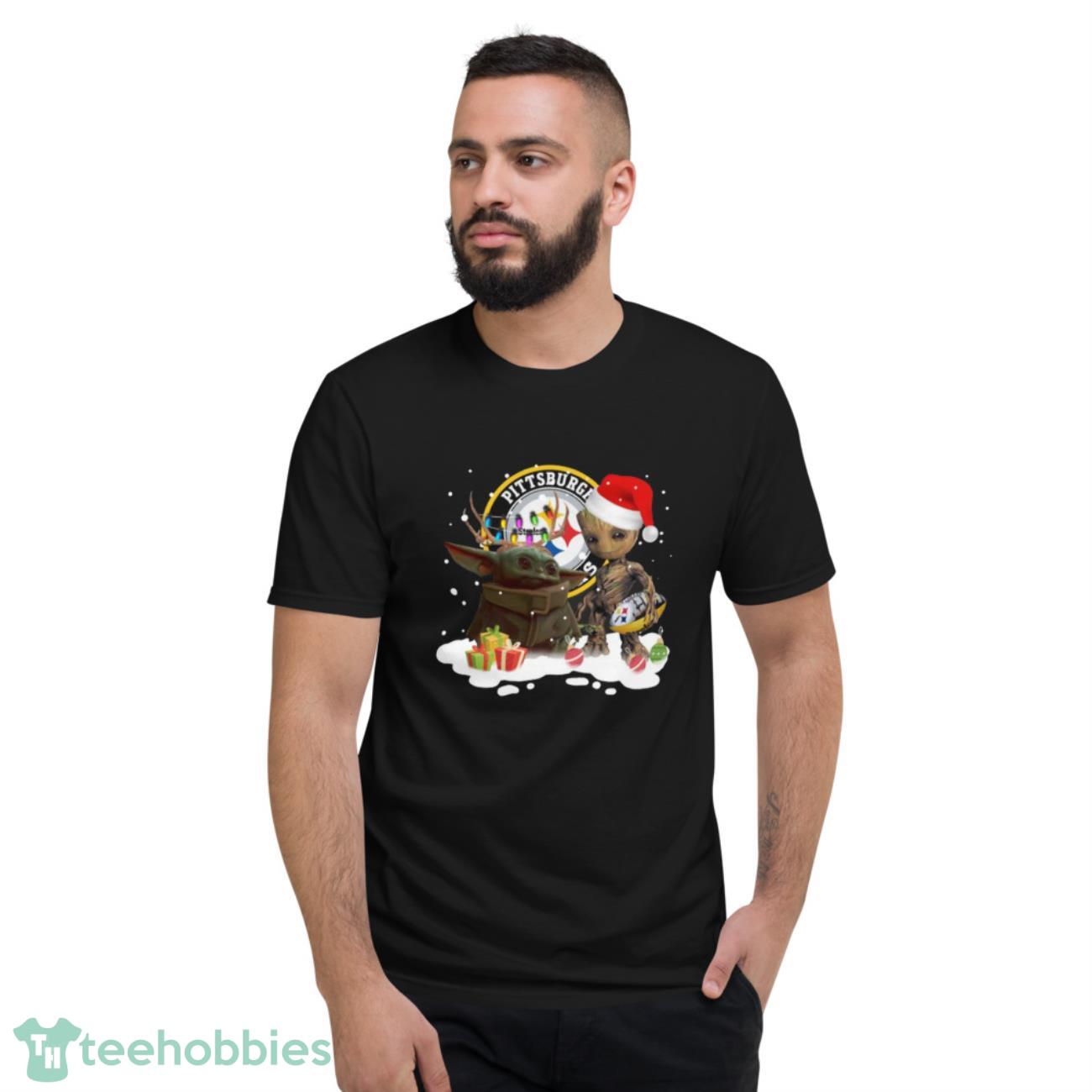 Baby Yoda Reindeer and Santa Groot Hug Pittsburgh Steelers Christmas Light shirt - Short Sleeve T-Shirt