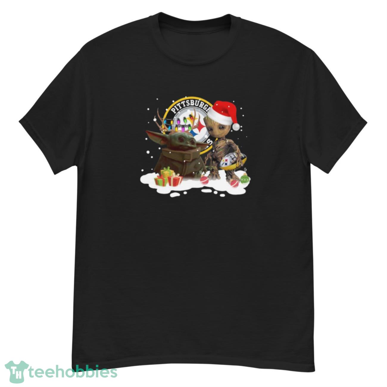 Baby Yoda Reindeer and Santa Groot Hug Pittsburgh Steelers Christmas Light shirt - G500 Men’s Classic T-Shirt