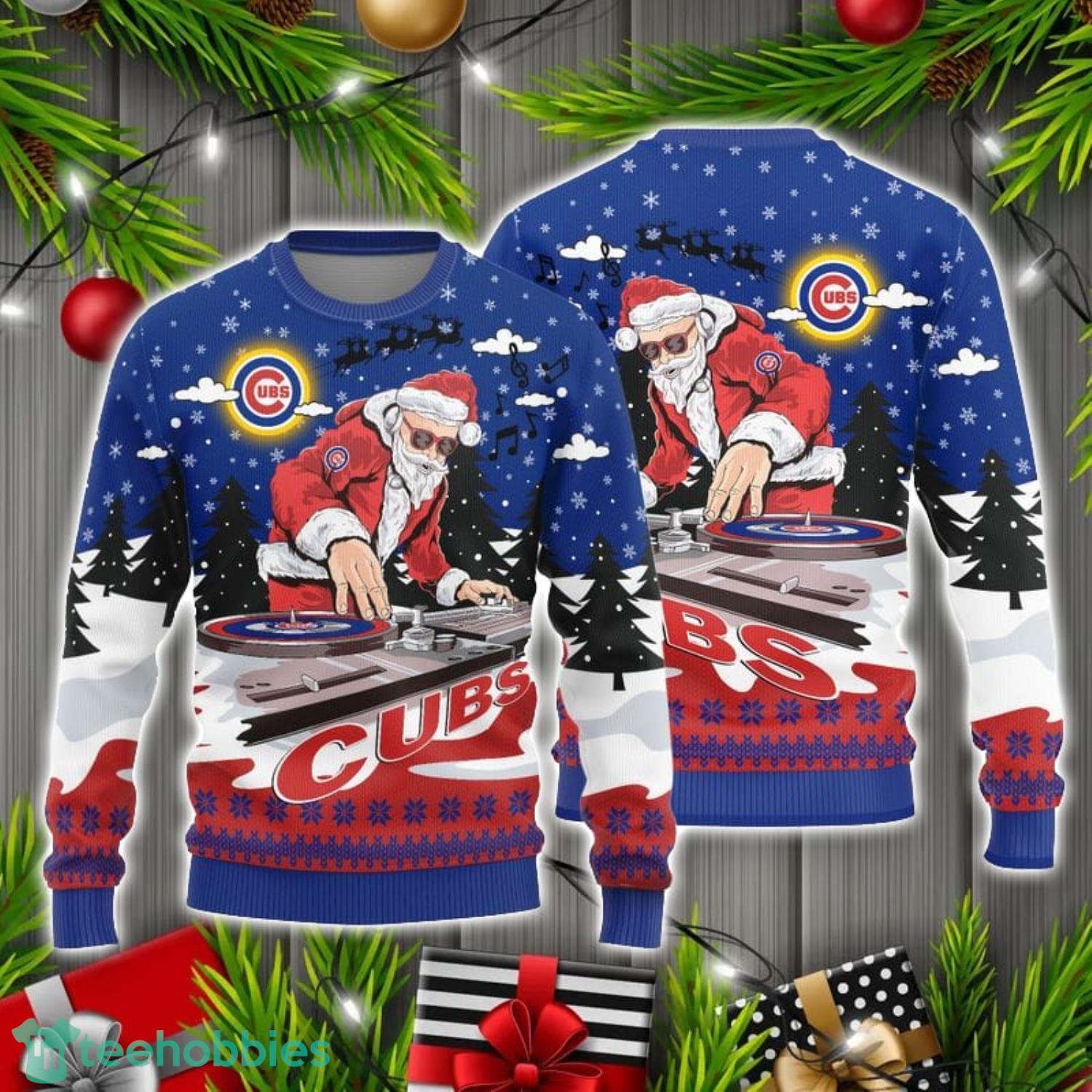 Chicago Cubs Christmas Funny DJ Santa Music Lover Ugly Christmas Sweater Product Photo 1