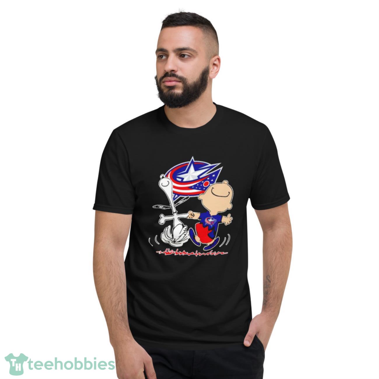 Columbus Blue Jackets Snoopy And Charlie Brown Dancing Shirt - Short Sleeve T-Shirt