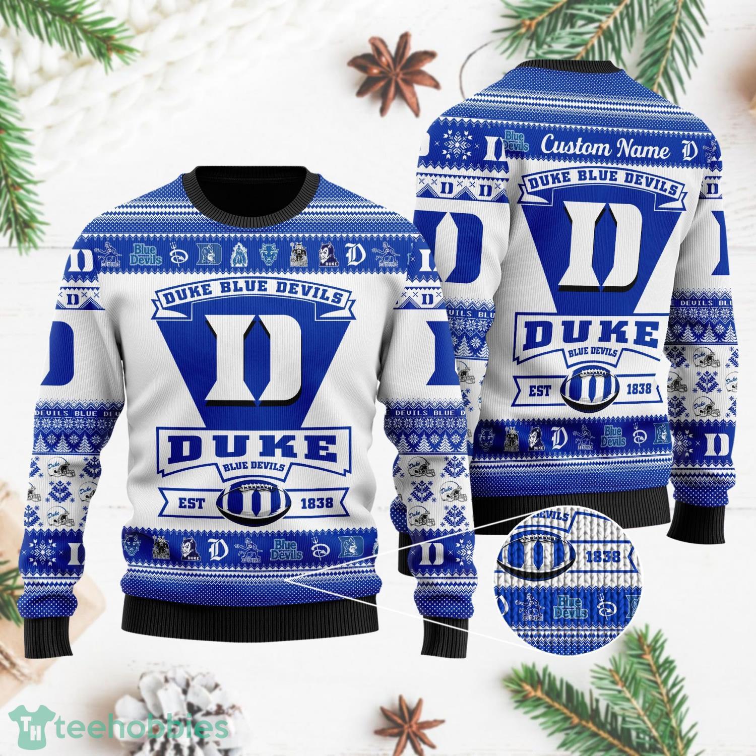 Duke Blue Devils Ugly Christmas Sweater All Over Printed Custom Name Christmas Gift For Fans Product Photo 1