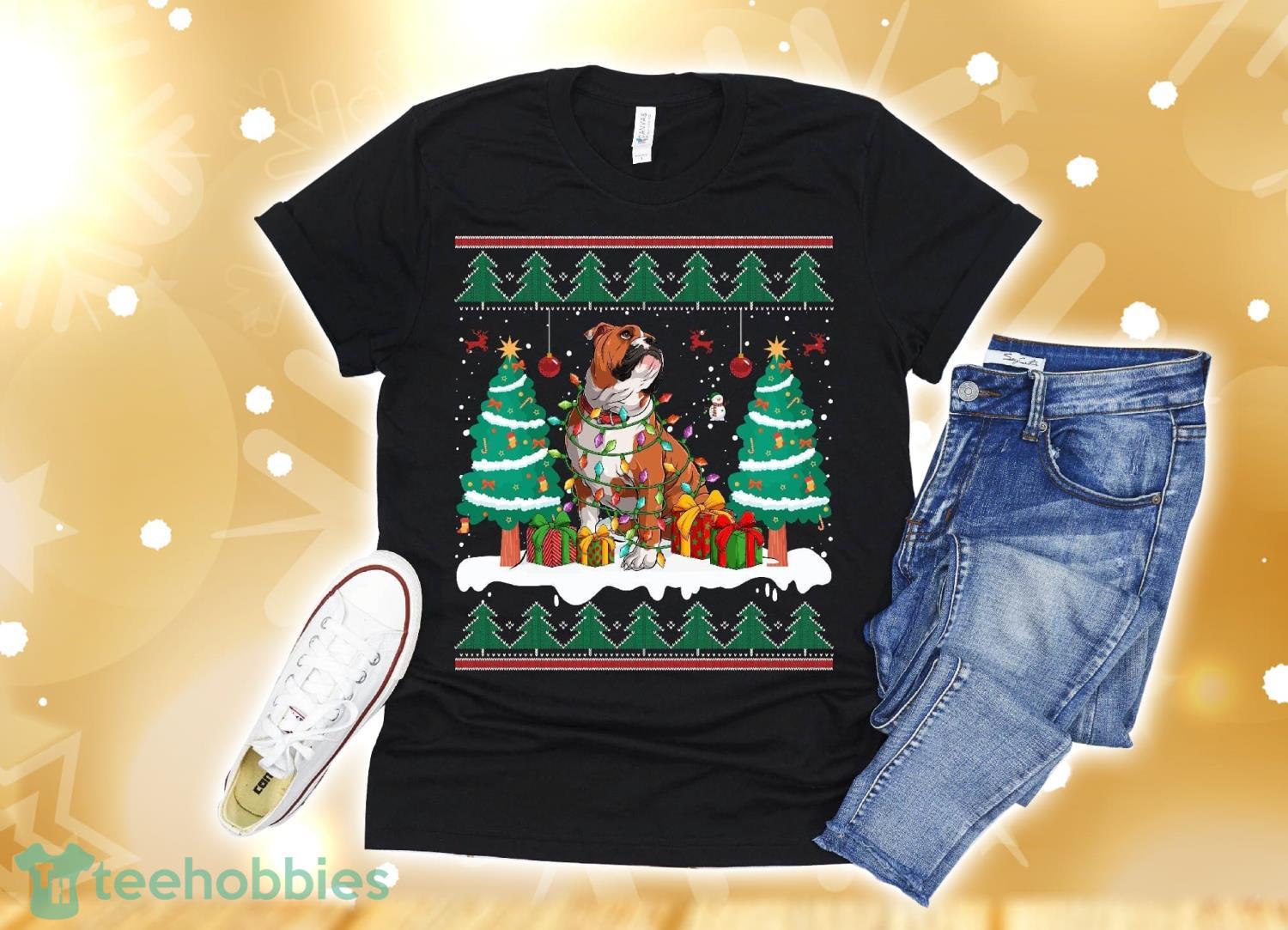 English Bulldog  Christmas Lights Santa Dog Lover Ugly Sweater T-Shirt Christmas Gift Product Photo 1