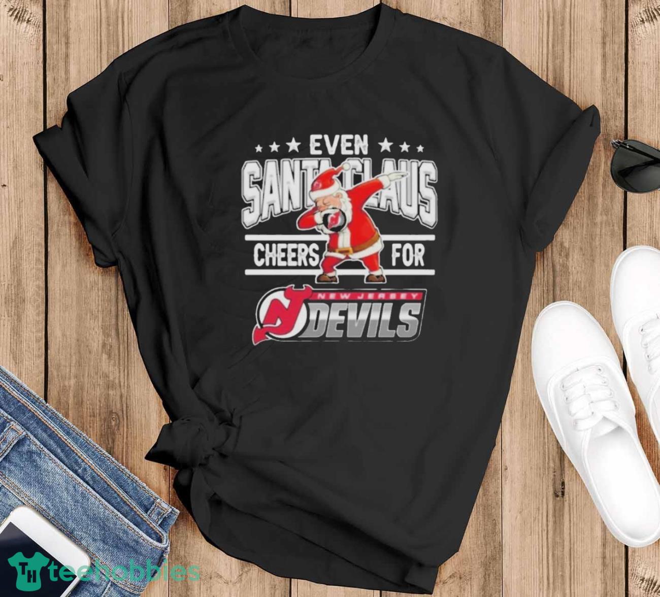 Even Santa Claus Cheers For New Jersey Devils Christmas Ugly Shirt - Black T-Shirt