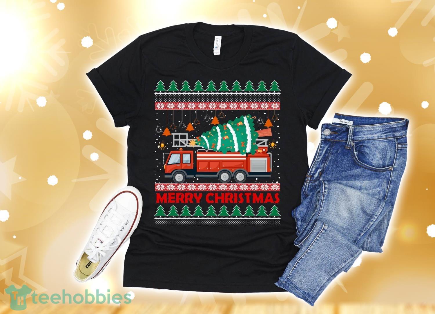 Fire Truck Xmas Tree Funny Firefighter Gift Merry Christmas T-Shirt Christmas Gift Product Photo 1