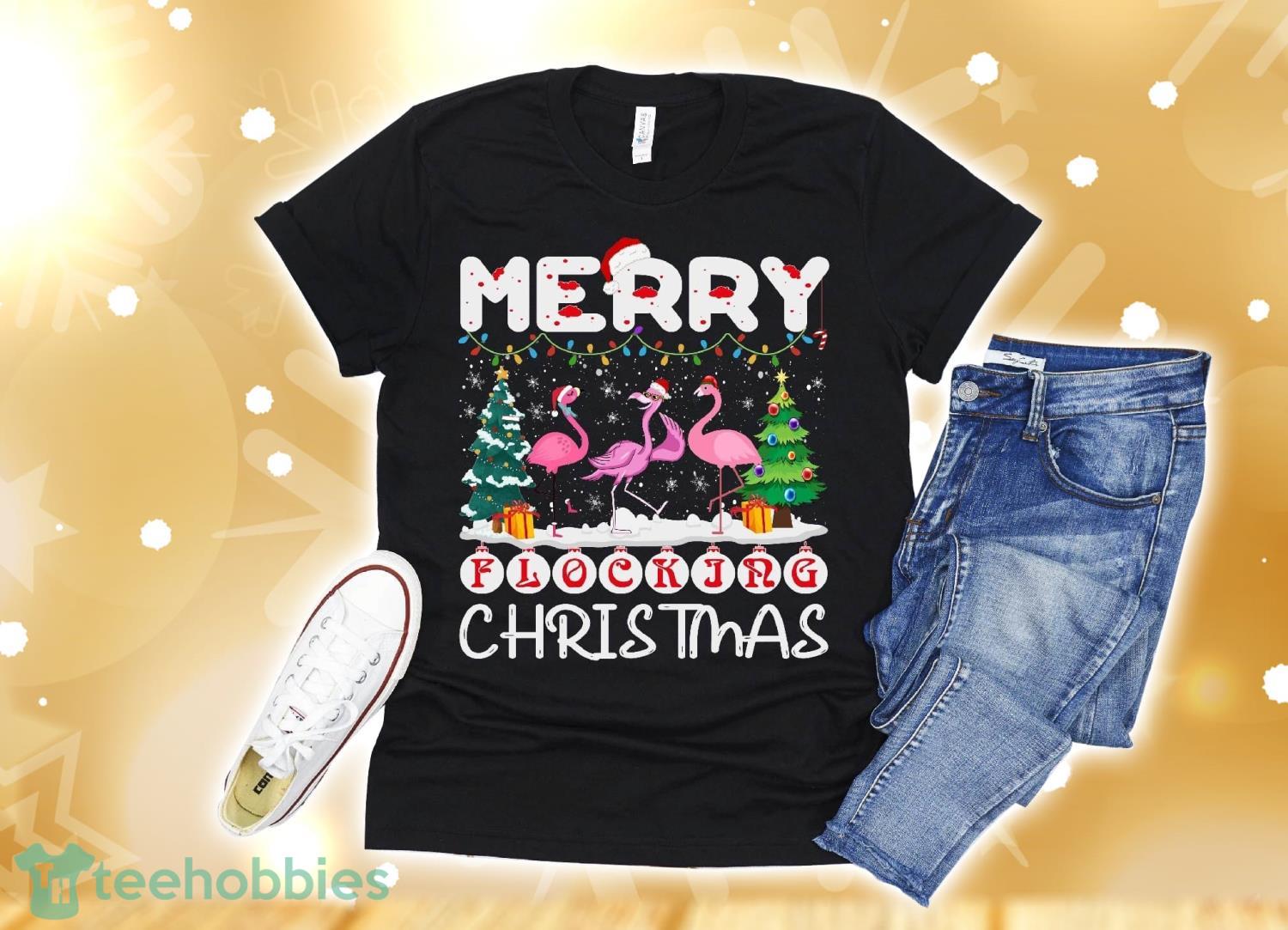 Flamingo Noel Hats Dancing On Snow Merry Flocking Christmas T-Shirt Christmas Gift Product Photo 1