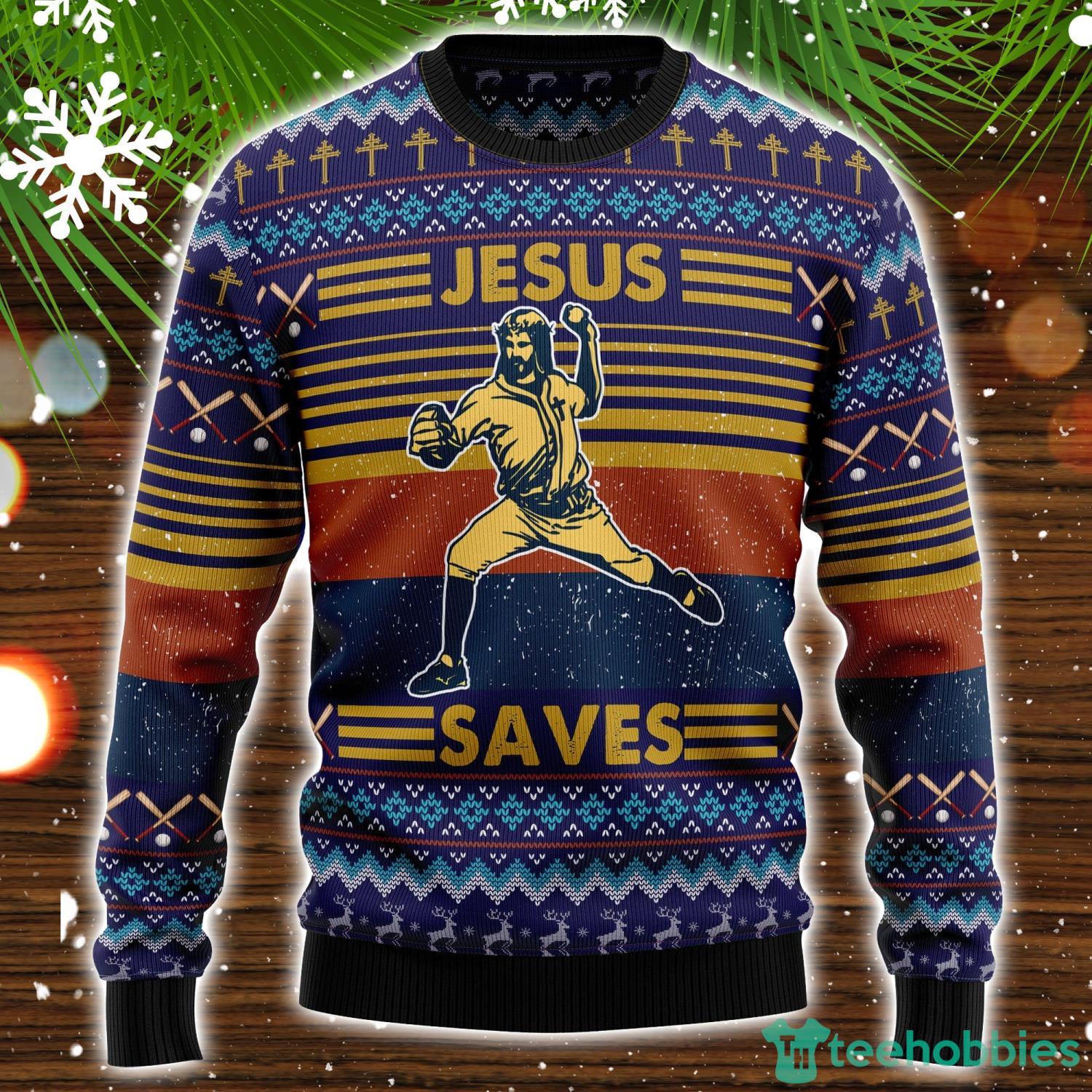 Funny Baseball Jesus Ugly Christmas Sweater Christmas Holiday Gift Product Photo 1