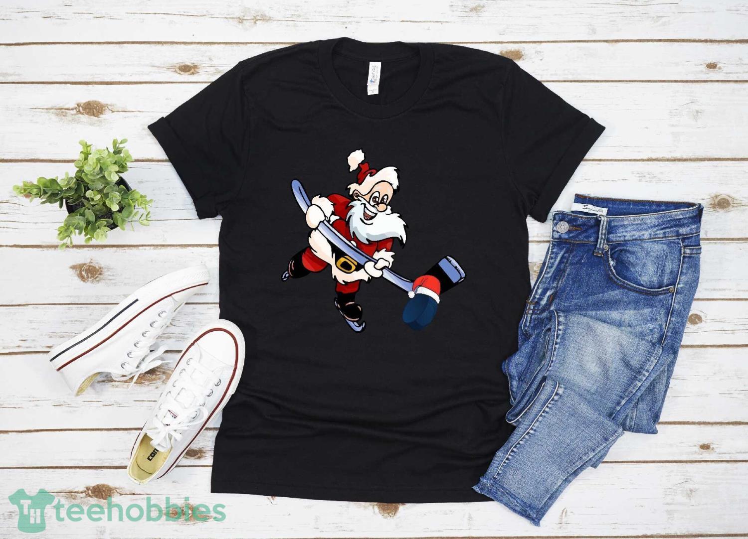Ice Hockey Puck Player Christmas Santa Hat T Shirt Gift Christmas Gift Family Christmas Shirt Product Photo 1