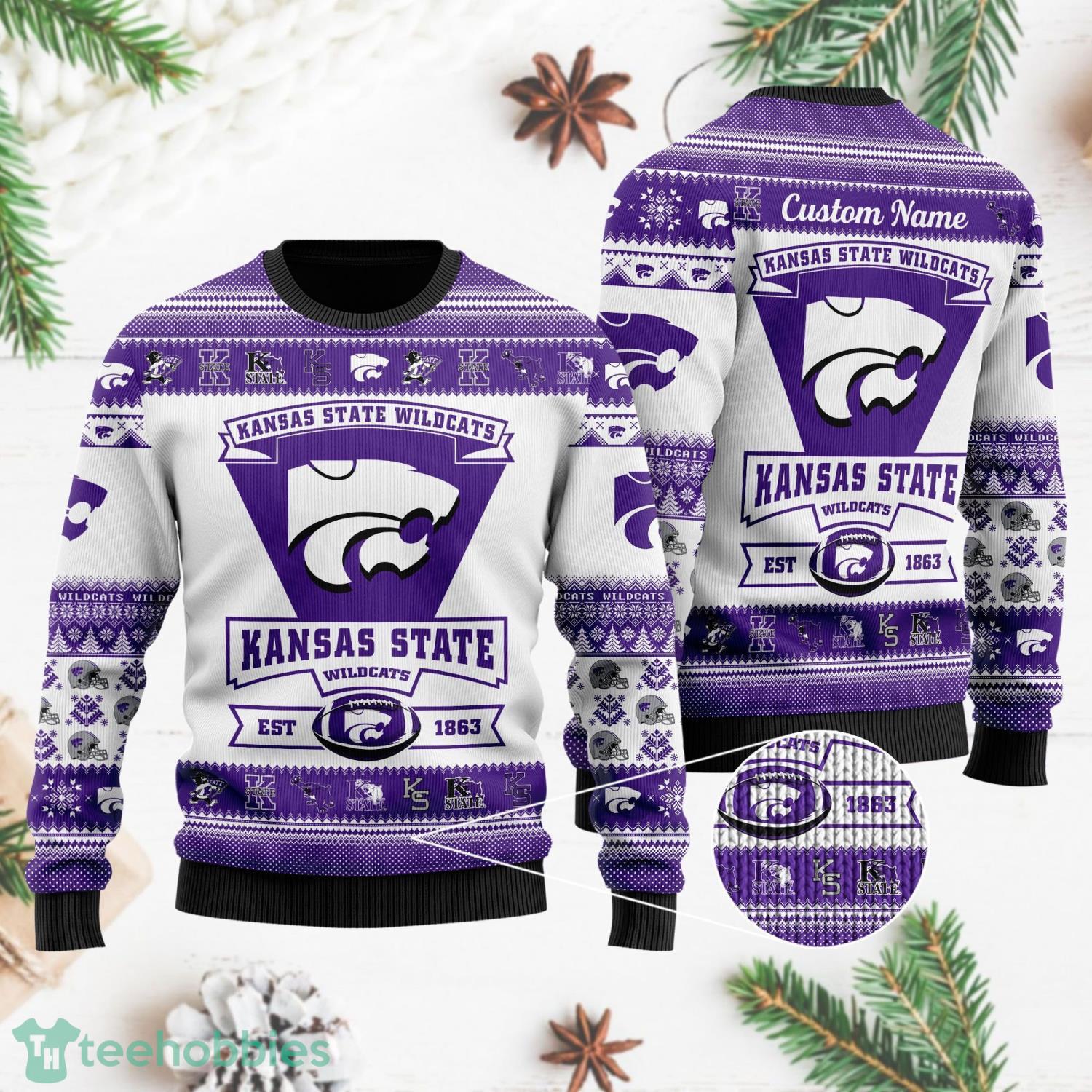 Kansas State Wildcats Ugly Christmas Sweater All Over Printed Custom Name Christmas Gift For Fans Product Photo 1