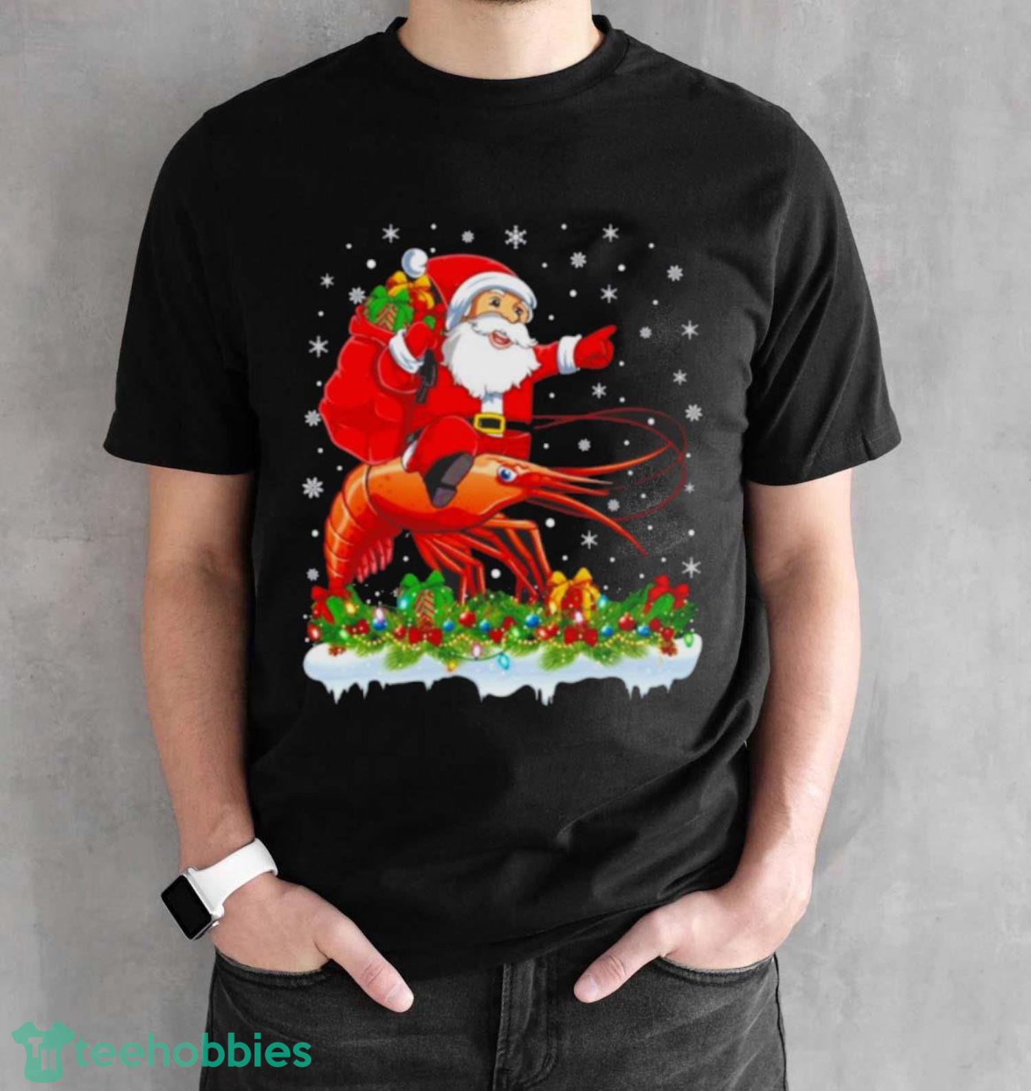 Lighting Xmas Santa Claus Riding Prawn Fish Christmas Shirt - Black Unisex T-Shirt