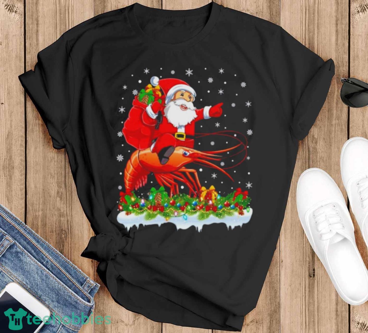 Lighting Xmas Santa Claus Riding Prawn Fish Christmas Shirt - Black T-Shirt