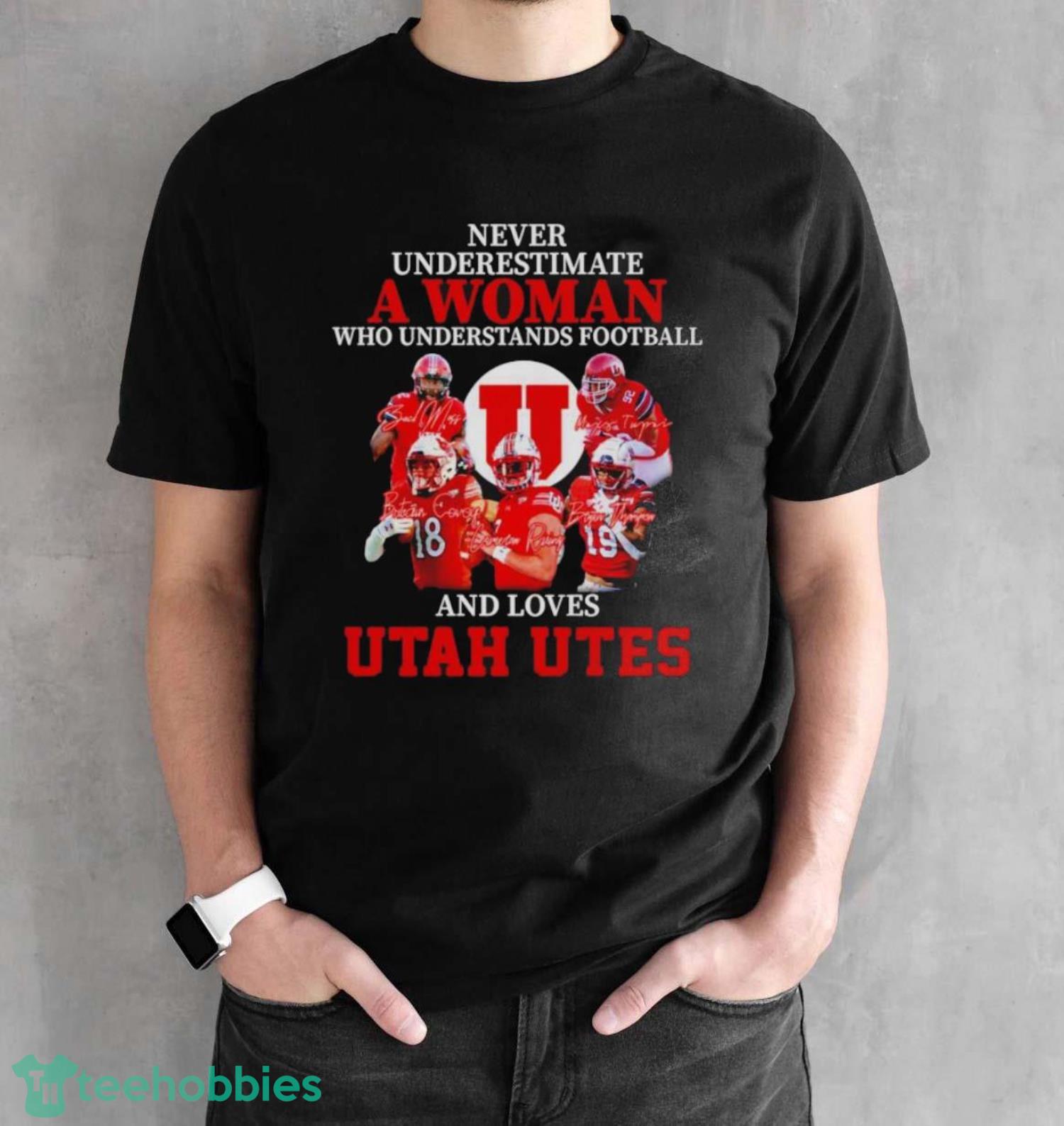 Logo Never Underestimate A Woman Who Understands Football And Loves Utah Utes Shirt - Black Unisex T-Shirt
