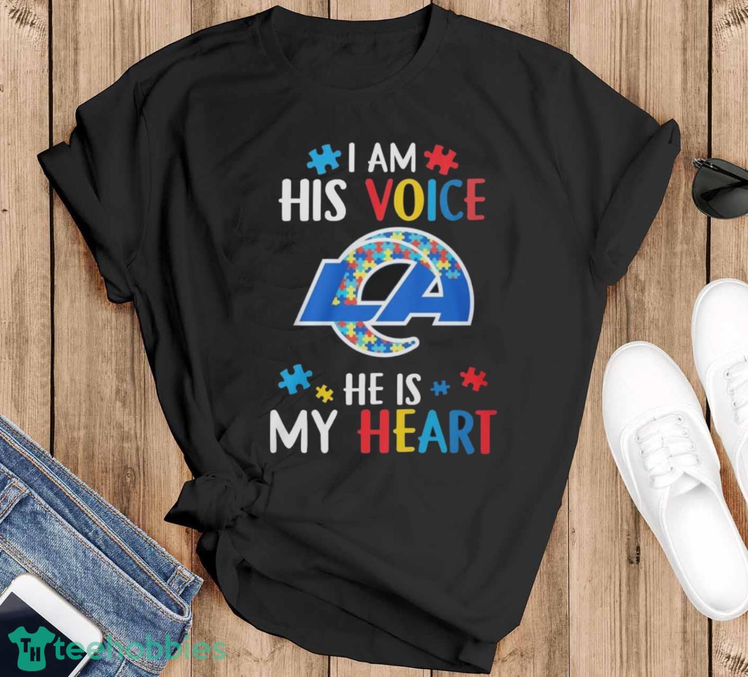 Los Angeles Rams Autism I Am His Voice He Is My Heart T-Shirt - Black T-Shirt