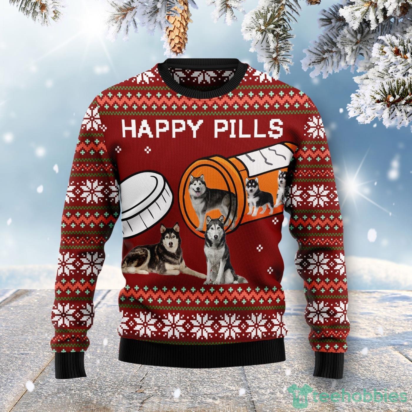 Merry Christmas Siberian Husky Happy Pills All Over printed Ugly Christmas Sweater Product Photo 1