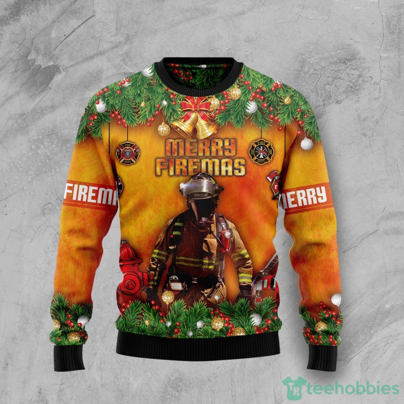 Merry Firemas Firefighter Bulldog All Over printed Ugly Christmas Sweater Product Photo 1