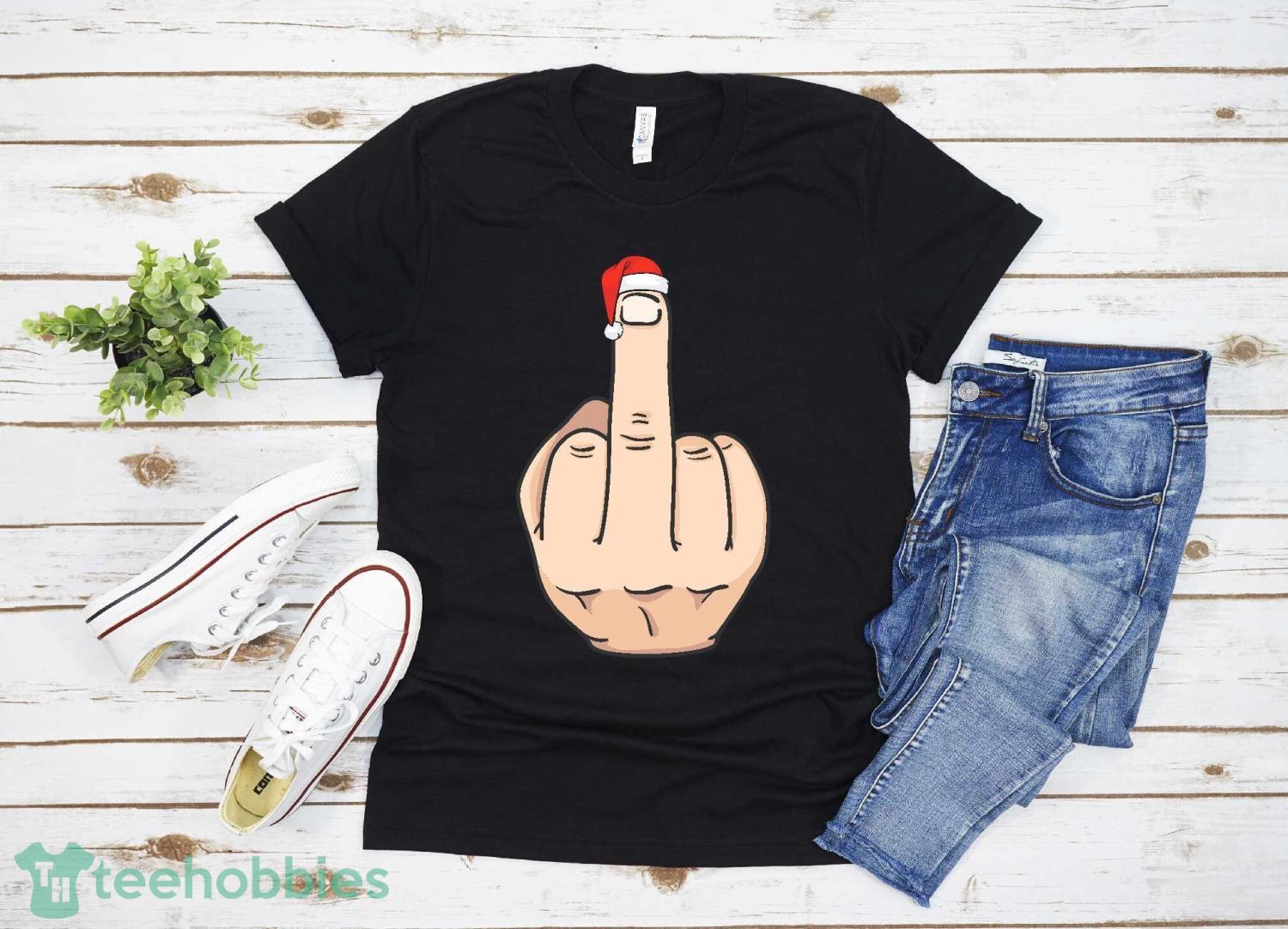 Middle Finger Merry Christmas Hat T-Shirt Gift Ideas Christmas Gift Family Christmas Shirt Product Photo 1