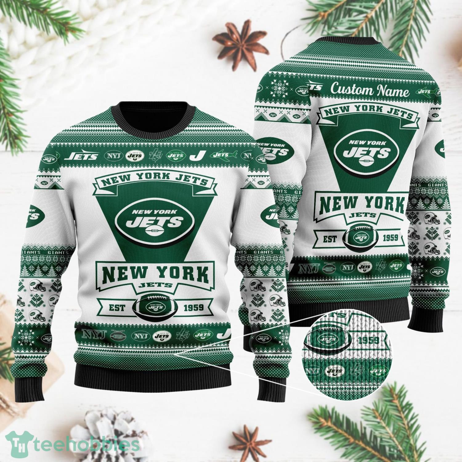 New York Jets Ugly Christmas Sweater All Over Printed Custom Name Christmas Gift For Fans Product Photo 1