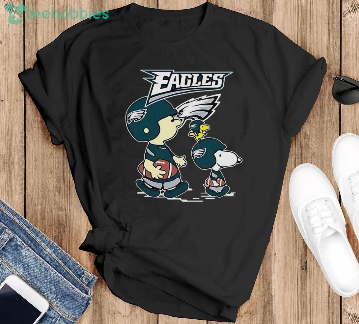NFL Philadelphia Eagles Charlie Brown Snoopy And Woodstock Shirt - Black T-Shirt
