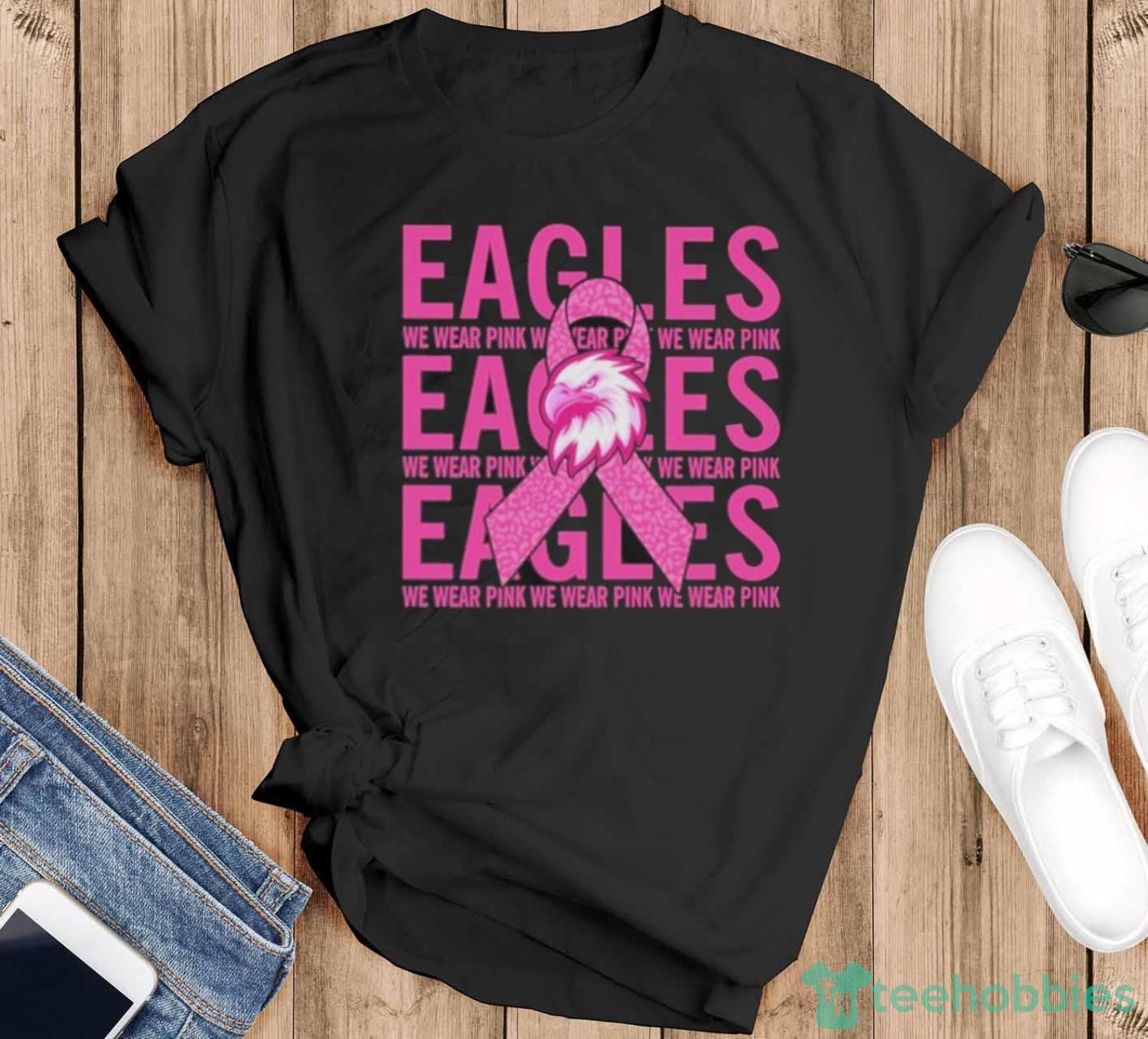 Official Philadelphia Eagles Mascot We Wear Pink Cancer Art Shirt - Black T-Shirt