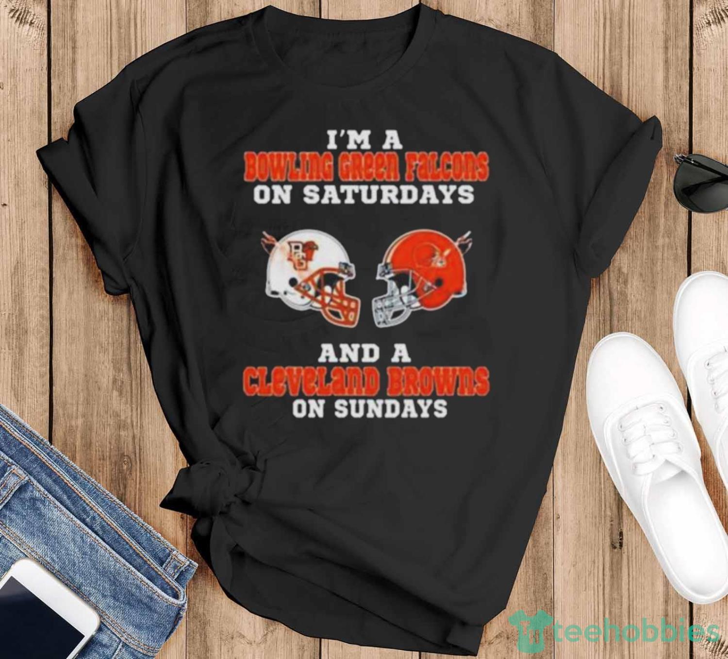 Original i’m a bowling green falcons on saturdays and a cleveland browns on sundays 2023 shirt - Black T-Shirt