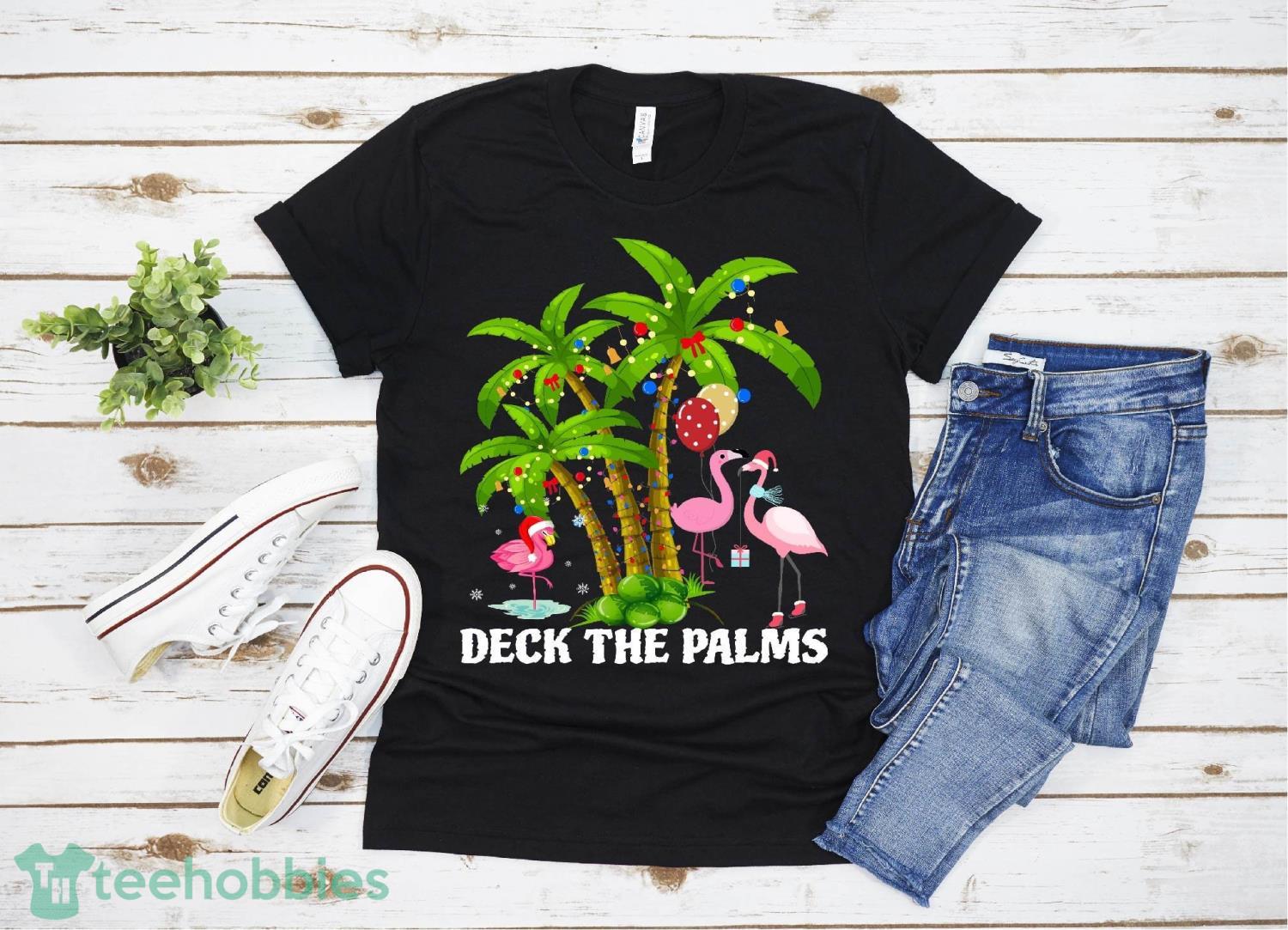 Pink Flamingos Christmas Palm Tree Tropical Xmas T-Shirt Christmas Gift Family Christmas Shirt Product Photo 1