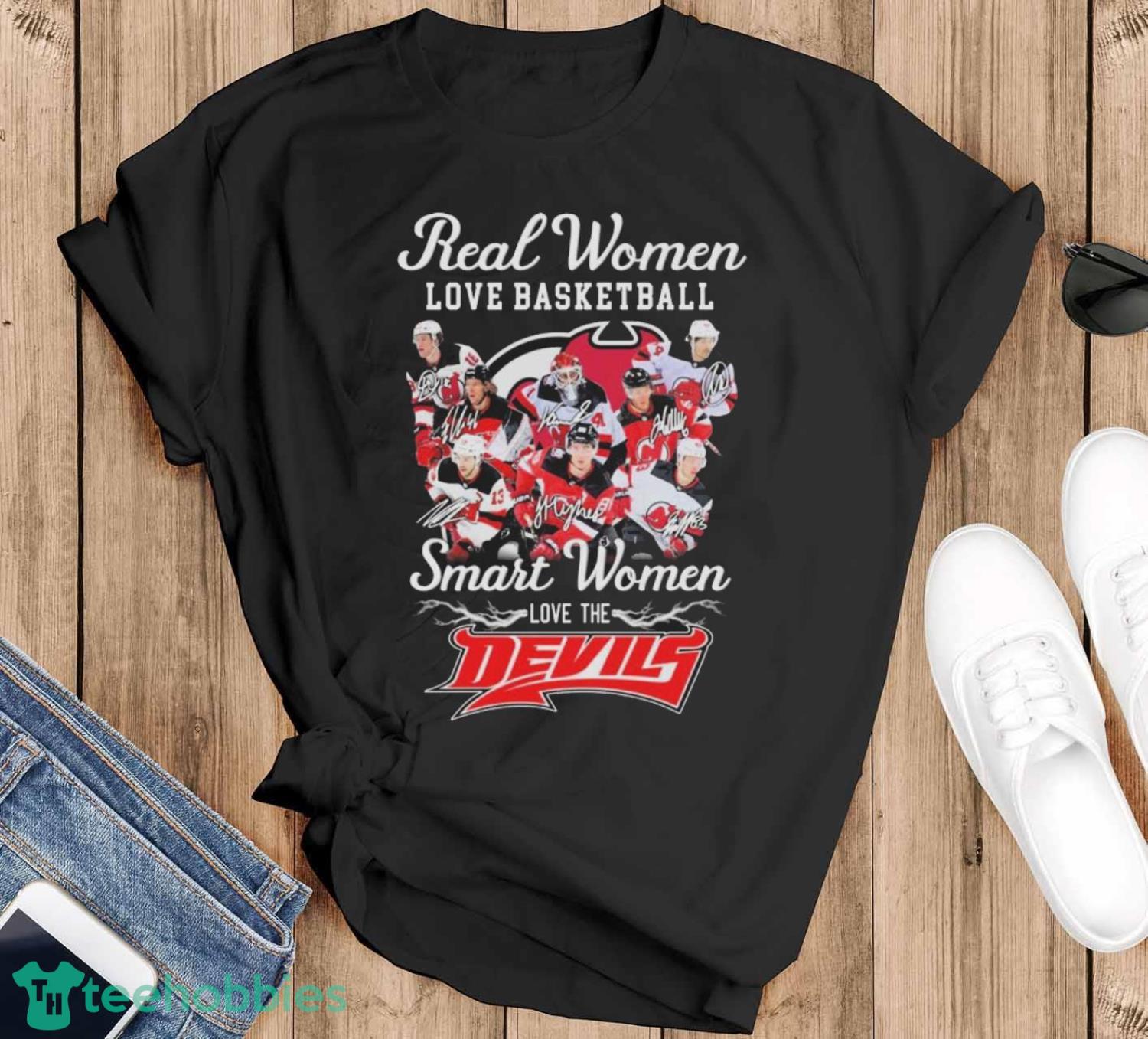 Real Women Love Hockey Smart Women Love The New Jersey Devils Signatures Shirt - Black T-Shirt