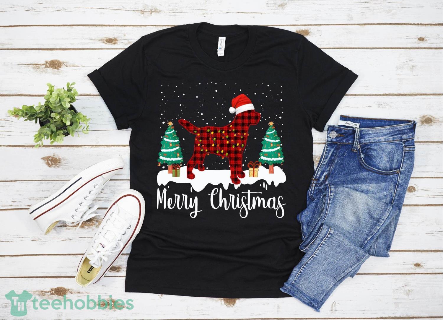 Red Plaid Buffalo Labrador Retriever Merry Christmas Pajamas T-Shirt Christmas Gift Family Christmas Shirt Product Photo 1