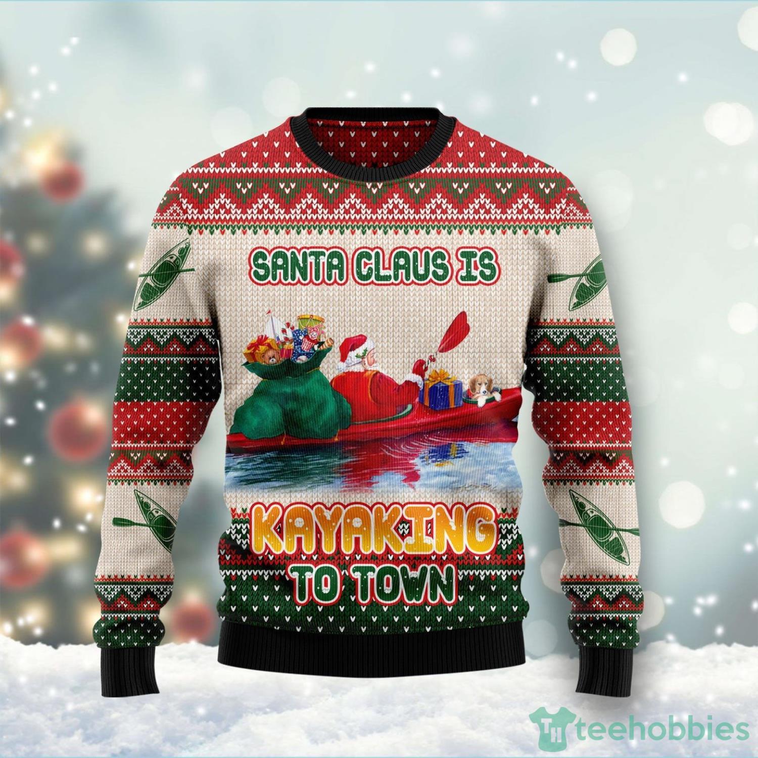 Santa Claus Is Kayaking To Town Ugly Christmas Sweater Christmas Holiday Gift For Family Product Photo 1