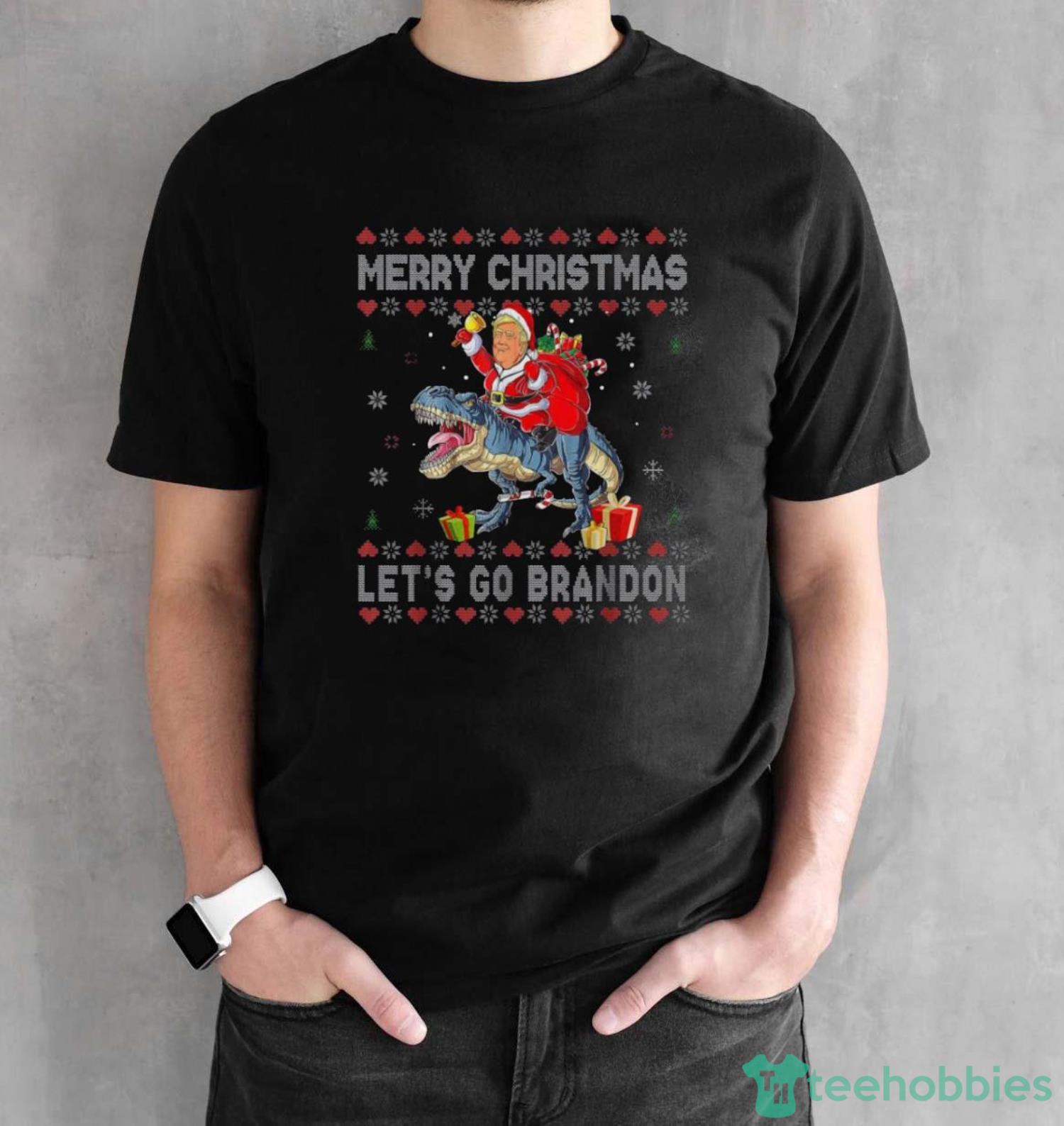 Santa Donald Trump riding Dinosaurs let’s go brandon Ugly Merry Christmas sweater - Black Unisex T-Shirt