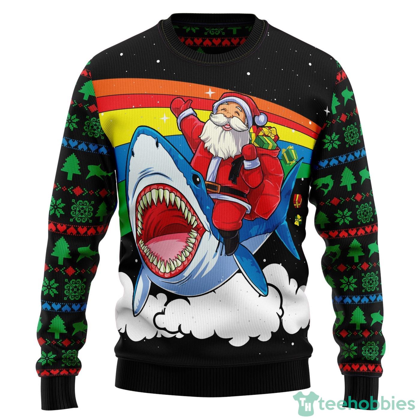 Santa Riding Shark ChristmasAll Over printed Ugly Christmas Sweater For Men And Women Product Photo 1