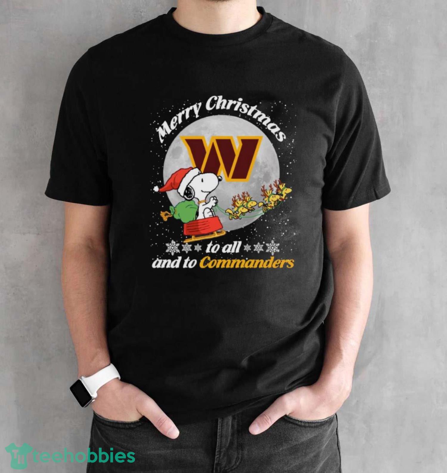 Santa Snoopy And Reindeer Woodstock Merry Christmas To All And To Washington Commanders Shirt - Black Unisex T-Shirt