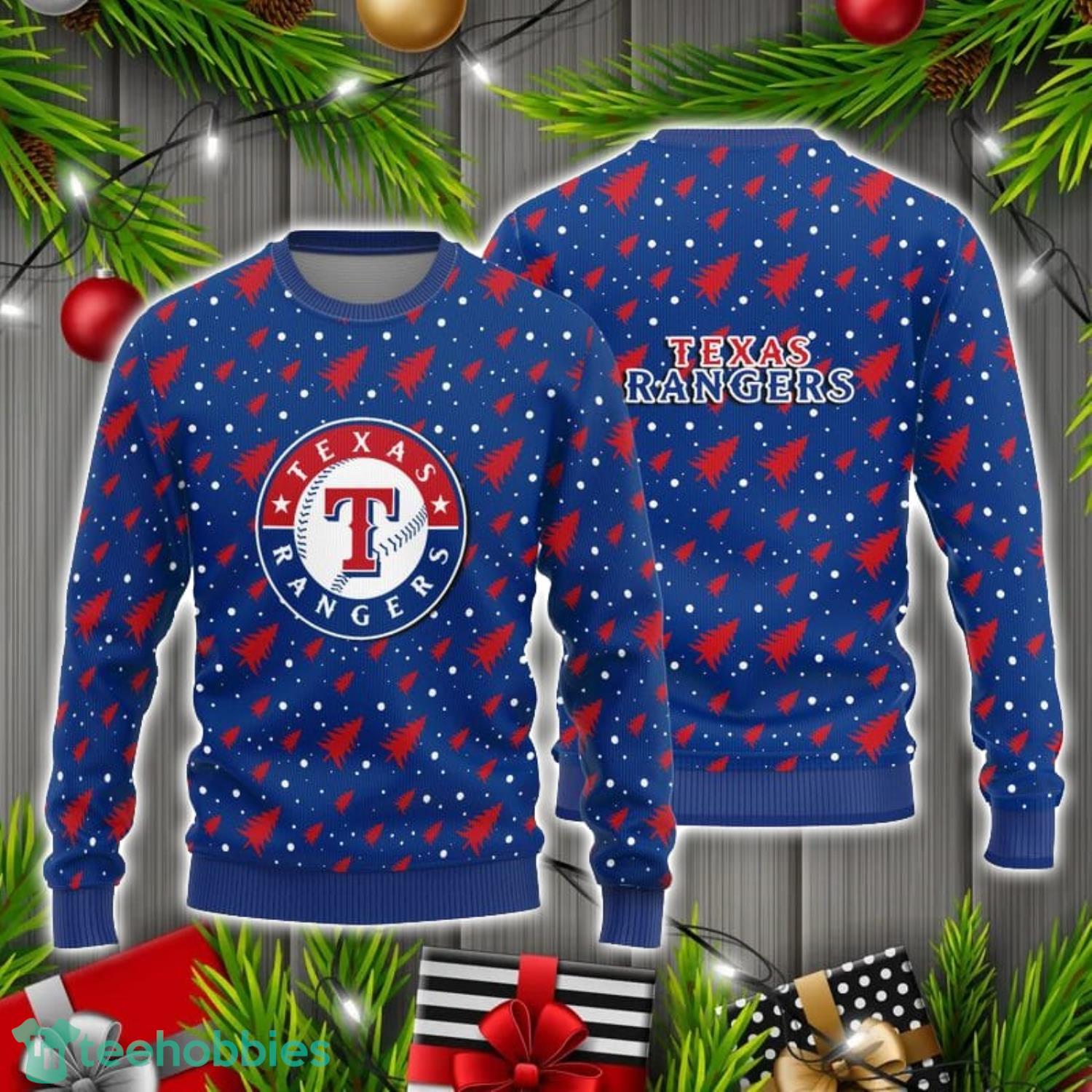 Texas Rangers Christmas Pine Tree Pattern 3D Ugly Christmas Sweater Product Photo 1