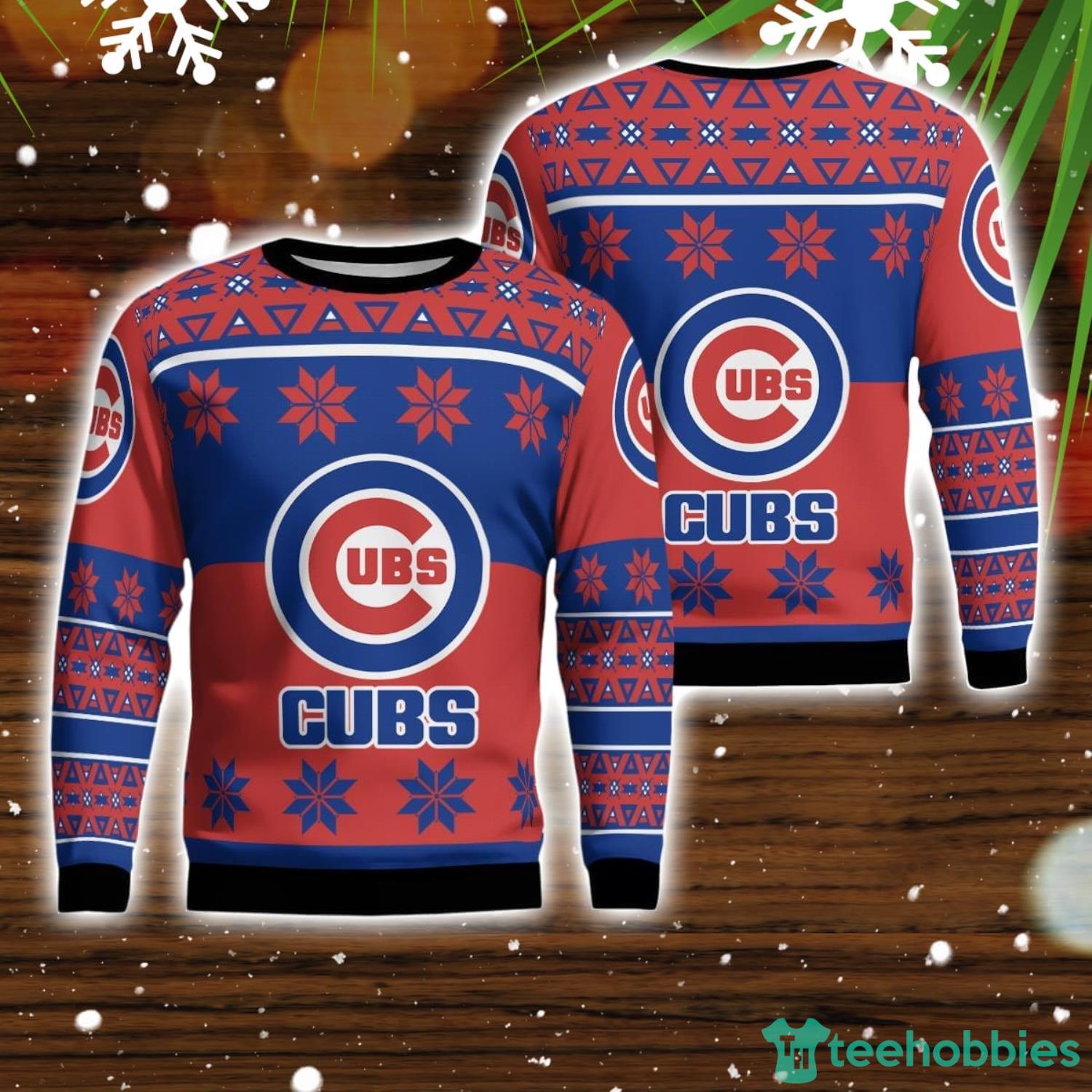 Chicago Cubs Logo Big Snowflake Pattern Ugly Christmas Sweater Product Photo 1