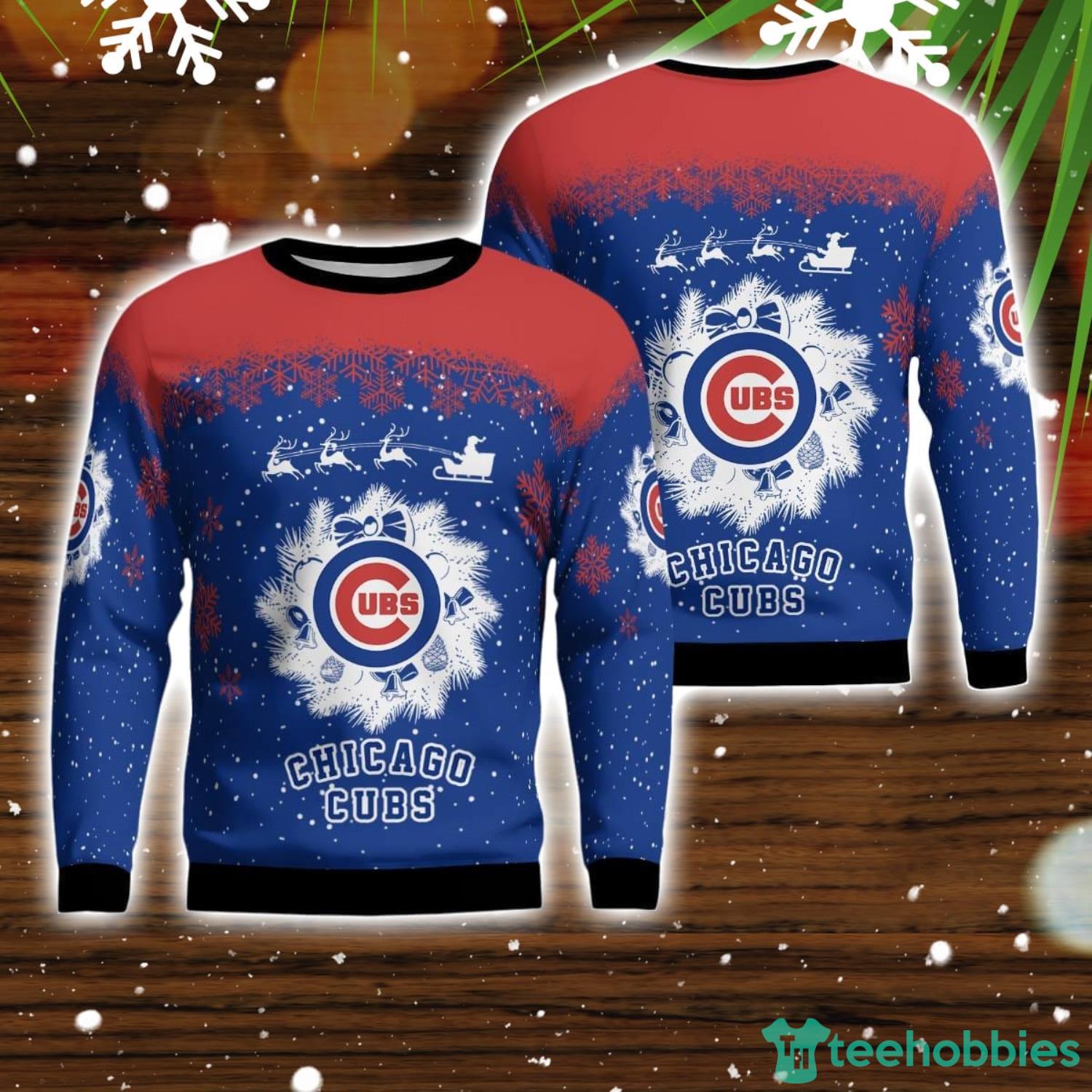 Chicago Cubs Santa sleigh driving reindeer Pattern Ugly Christmas Sweater Product Photo 1