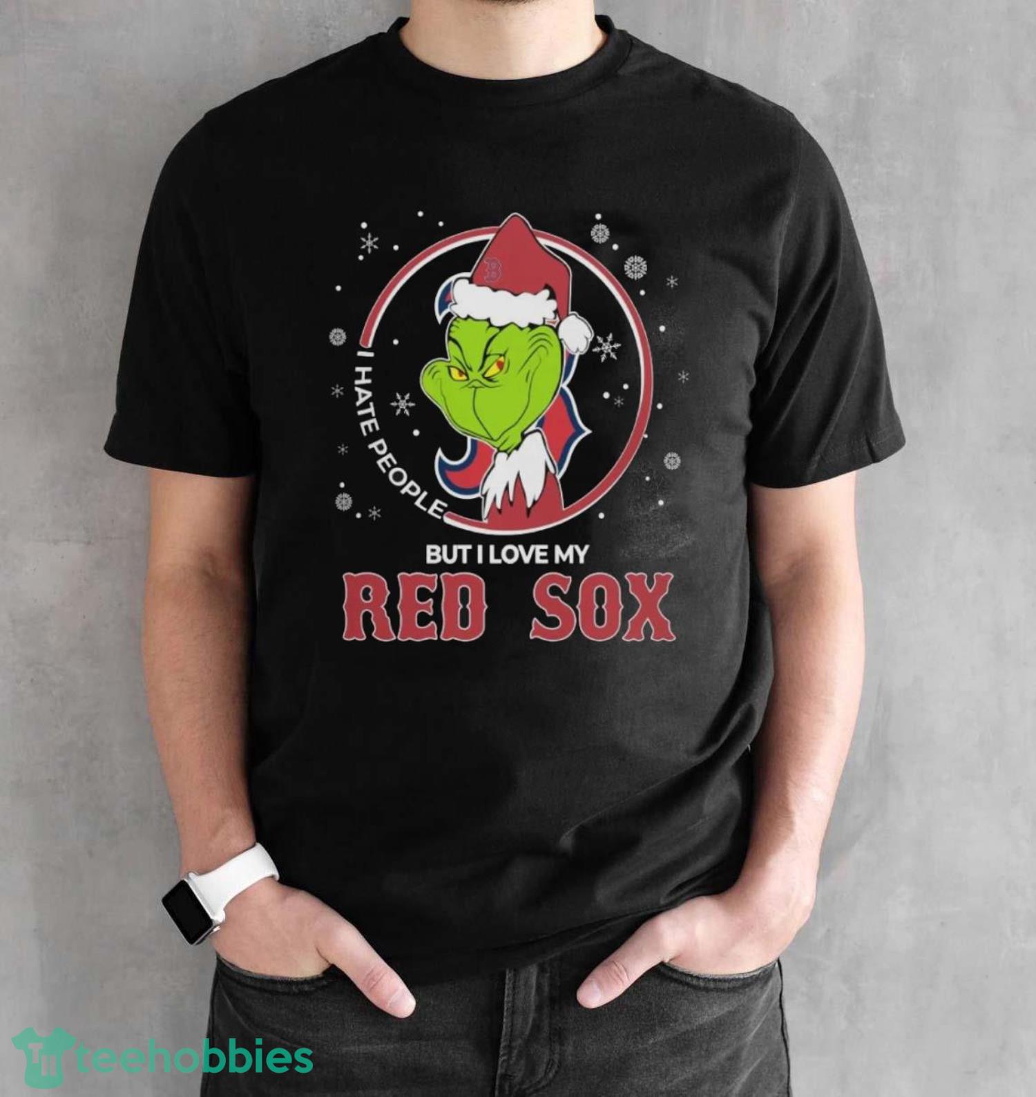 Christmas Grinch Santa I Hate People But I Love My Boston Red Sox Christmas Shirt - Black Unisex T-Shirt