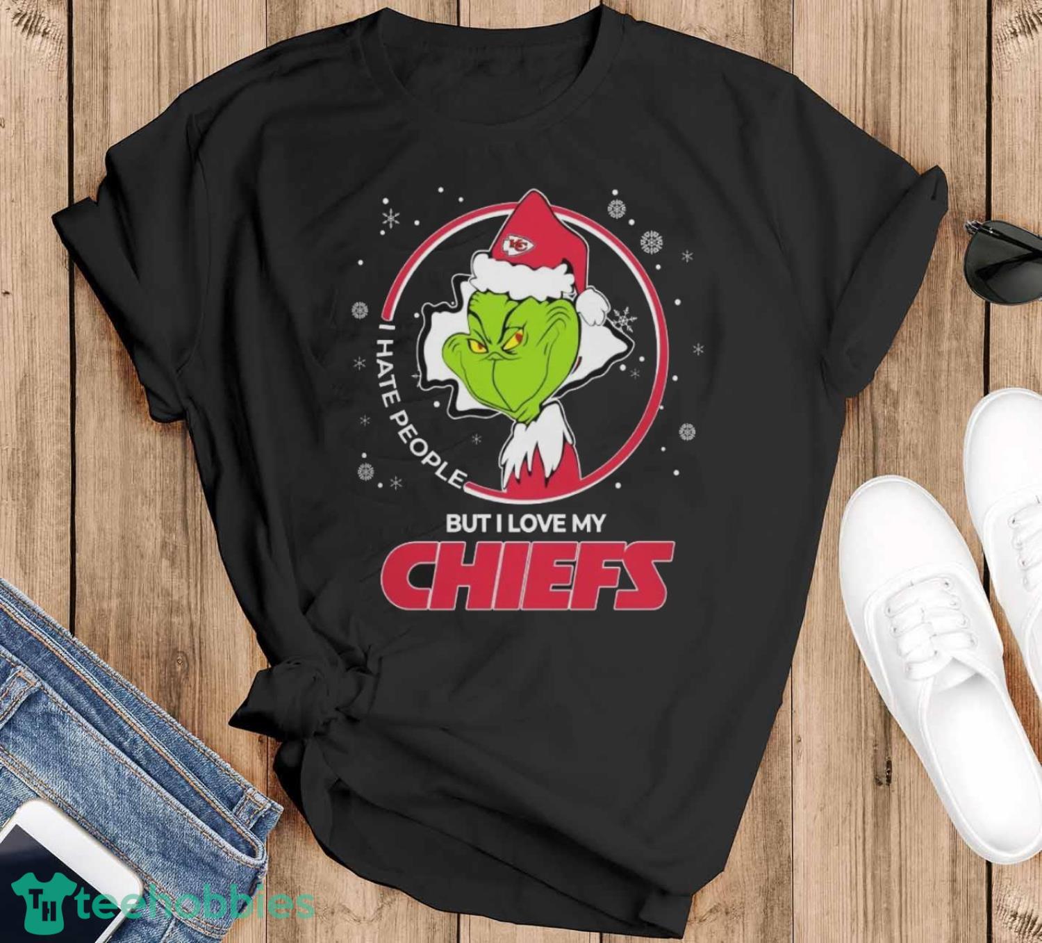 Christmas Grinch Santa I Hate People But I Love My Kansas City Chiefs Christmas Shirt - Black T-Shirt