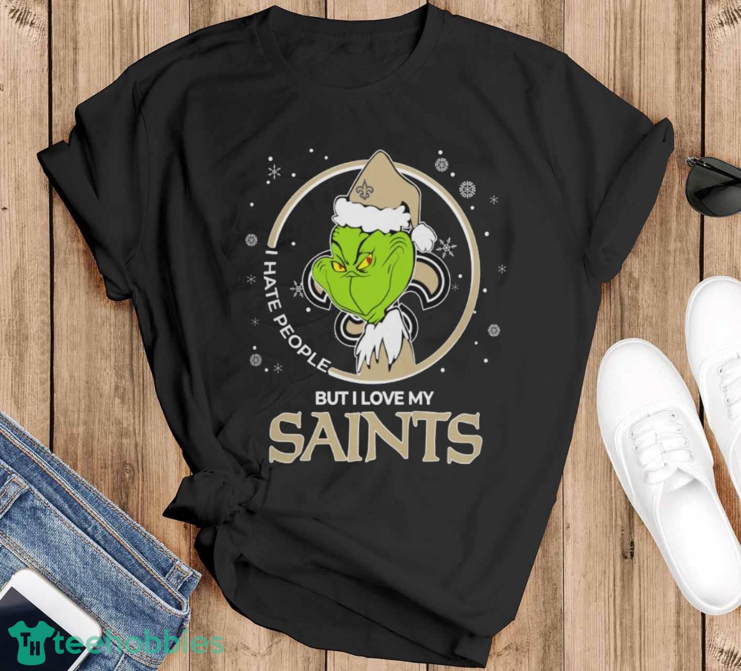 Christmas Grinch Santa I Hate People But I Love My New Orleans Saints Christmas Shirt - Black T-Shirt