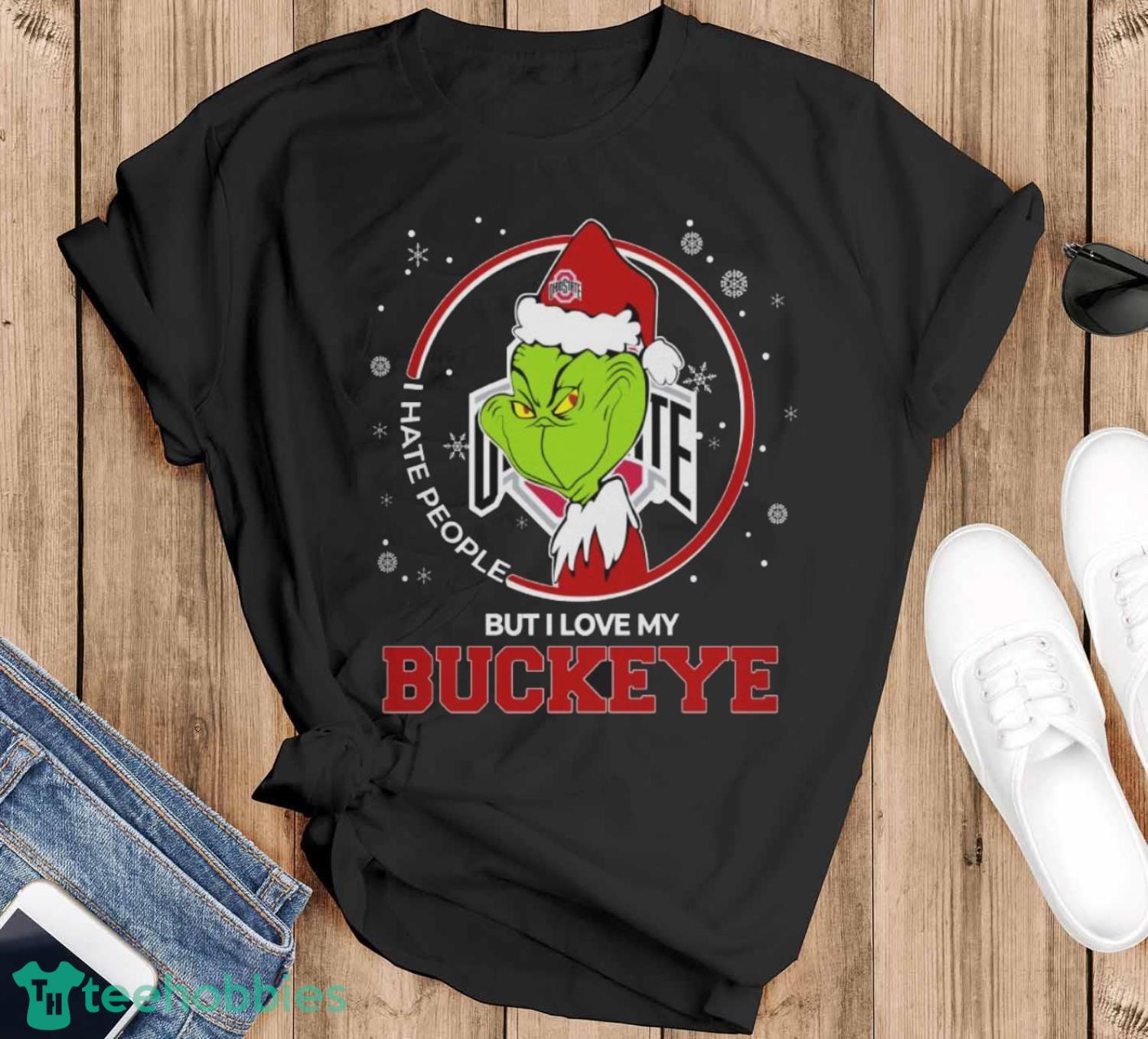 Christmas Grinch Santa I Hate People But I Love My Ohio State Buckeyes Christmas Shirt - Black T-Shirt