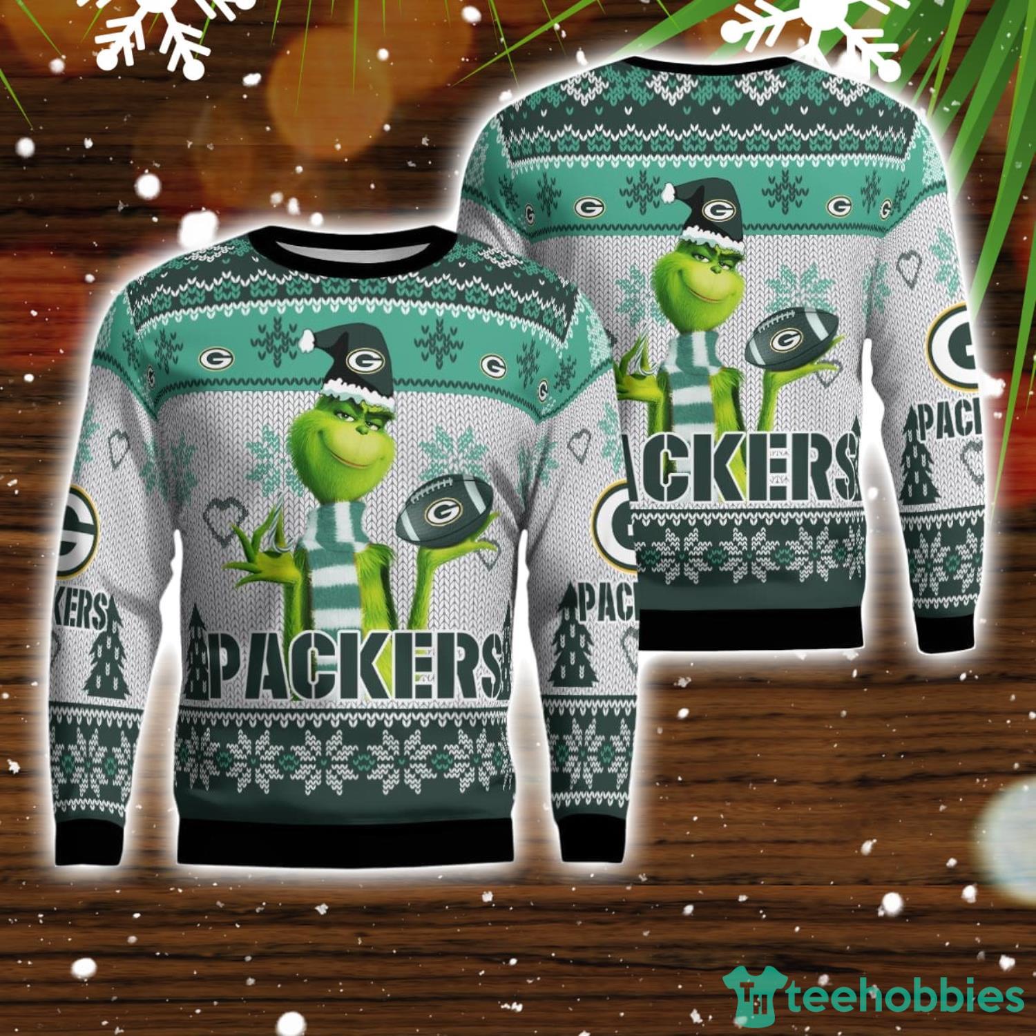 Green Bay Packers Grinch Snowflake Pattern Ugly Sweater Christmas Product Photo 1