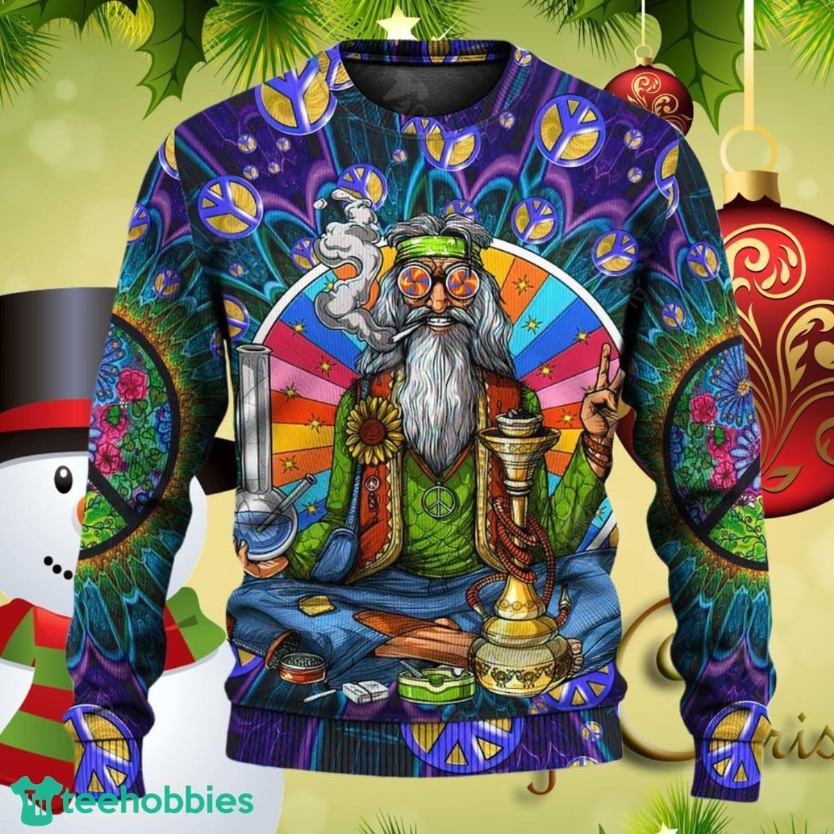 Hippie Peace Sign Old Man Smoking Weed Ugly Christmas Sweater Best Gifts Product Photo 1