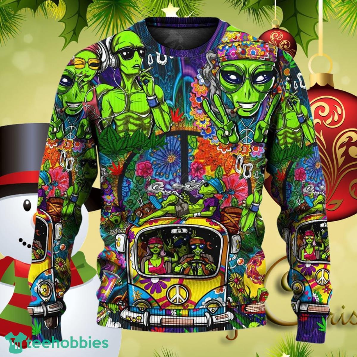 Hippie Space Alien Smoking Weed Ugly Christmas Sweater Special Gifts Product Photo 1