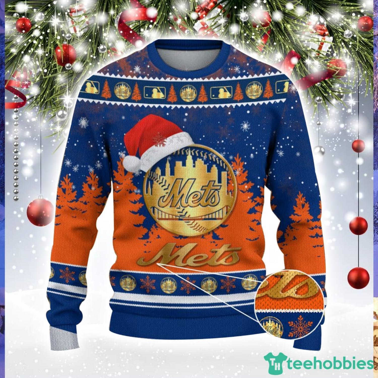 New York Mets Logo Wearing Santa Hat Christmas Gift Ugly Christmas Sweater Xmas Holiday Gift image New York Mets Logo Wearing Santa Hat Christmas Gift Ugly Christmas Sweater Xmas Holiday Gift Product Photo 1