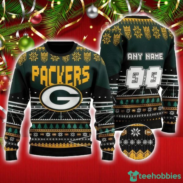 NFL Green Bay Packers Custom Name And Number Christmas Snowflake Pattern Ugly Christmas Sweater For Fans Product Photo 1