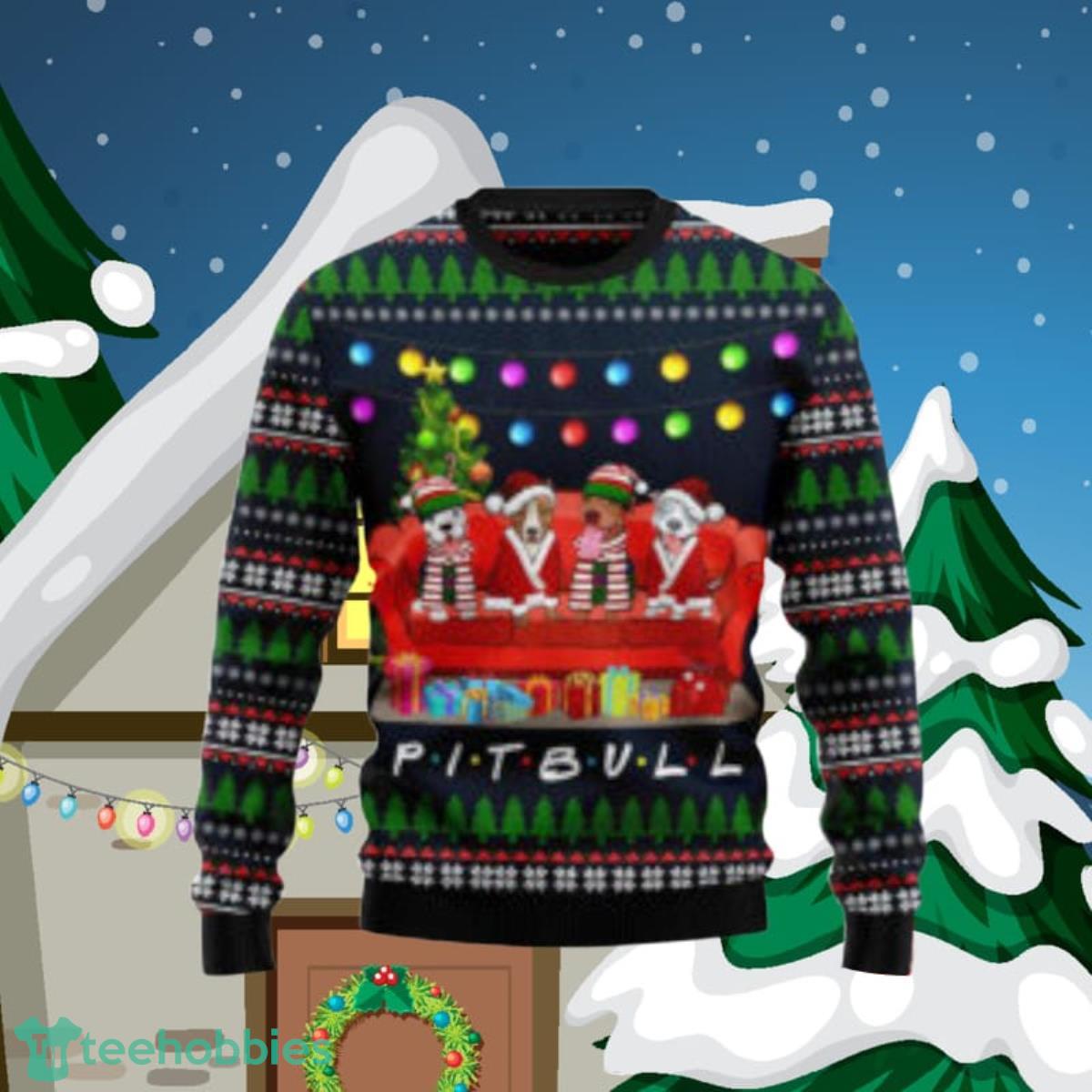 Pit Bull Friends On Red Sofa Ugly Christmas Sweaters Style Gift For Men And Women Product Photo 1