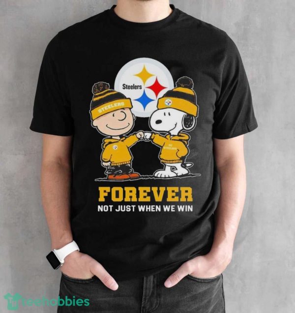 Go Steelers Peanuts Snoopy and Charlie Brown Pittsburgh Steelers Forever Not Just When We Win 2024 Shirt - Black Unisex T-Shirt