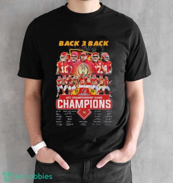 Kansas City Chiefs Back 3 Back 2023 2024 AFC Championship Game Champions Signatures Shirt - Black Unisex T-Shirt