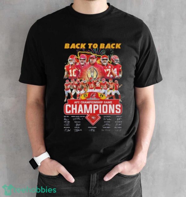 Kansas City Chiefs Back To Back 2023 2024 AFC Championship Game Champions Signatures Shirt - Black Unisex T-Shirt