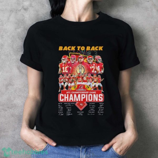 Kansas City Chiefs Back To Back 2023 2024 AFC Championship Game Champions Signatures Shirt - Ladies T-Shirt