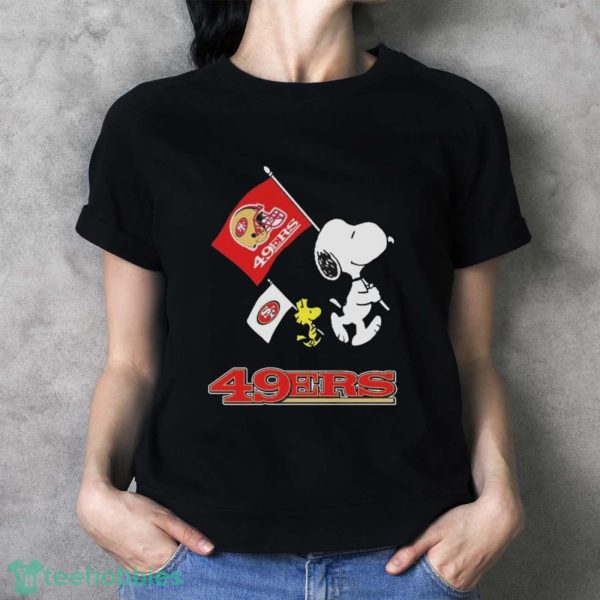 Official The Peanuts Snoopy And Woodstock San Francisco 49ers Football Flag Shirt - Ladies T-Shirt