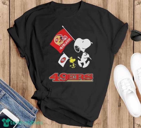 Official The Peanuts Snoopy And Woodstock San Francisco 49ers Football Flag Shirt - Black T-Shirt