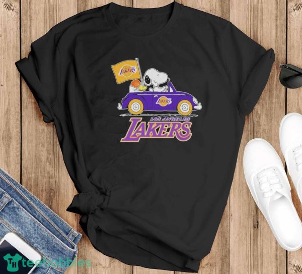 Peanuts Snoopy And Woodstock Drive Car Los Angeles Lakers Basketball Shirt - Black T-Shirt